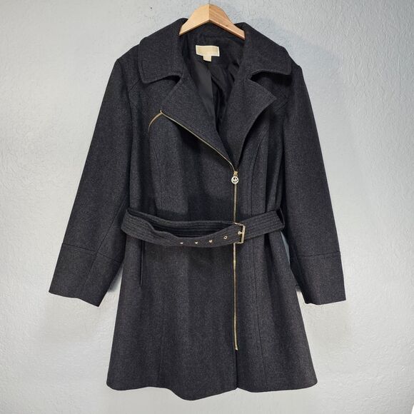 Michael Michael Kors Charcoal Wool Blend Asymmetrical Zip Belted Coat Size 24W - Picture 9 of 10